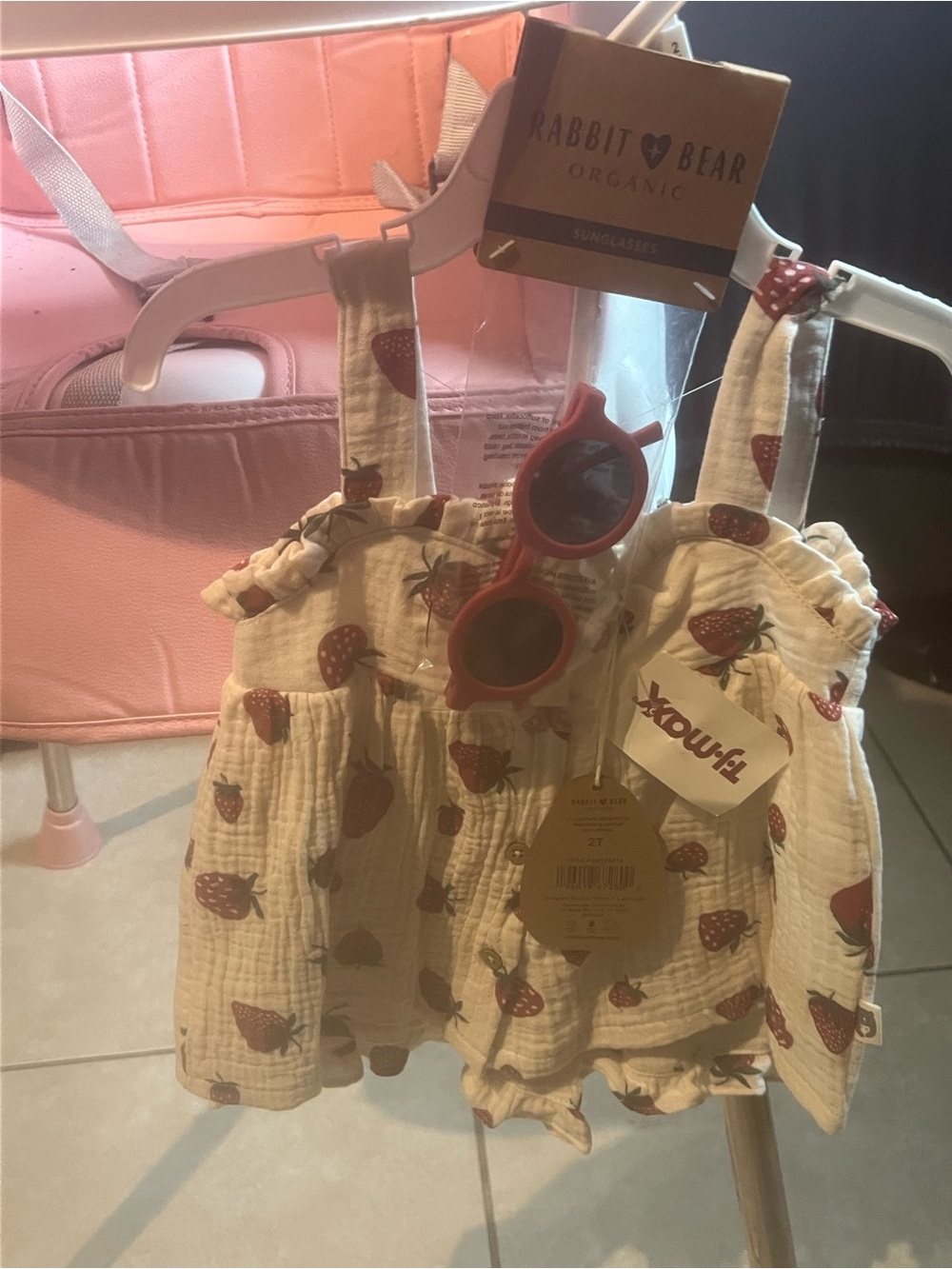 Strawberry Print Cream Girls' Sundress with Red Sunglasses